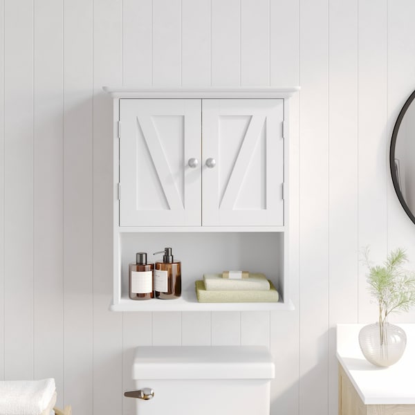 Flash Furniture Dune Farmhouse Wall Mounted Bathroom Medicine Cabinet Storage Organizer w/2 Magnetic Closure Doors FS-BATH-7-WH-GG - main